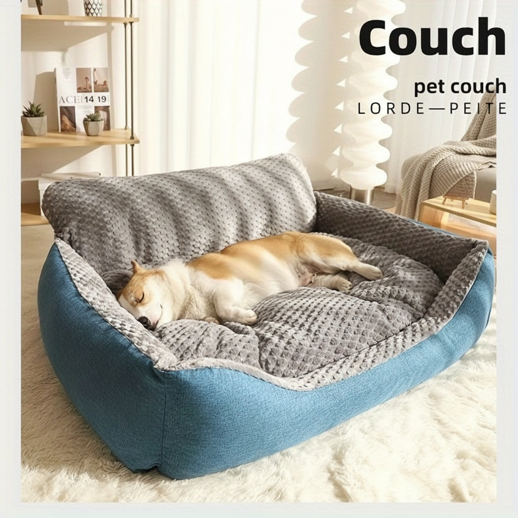 High Back Dog Sofa Bed with Plush Textured Cushion, Blue and Gray Bolster Pet Couch in Four Sizes for Small to Large Dogs and Cozy Indoor Rest