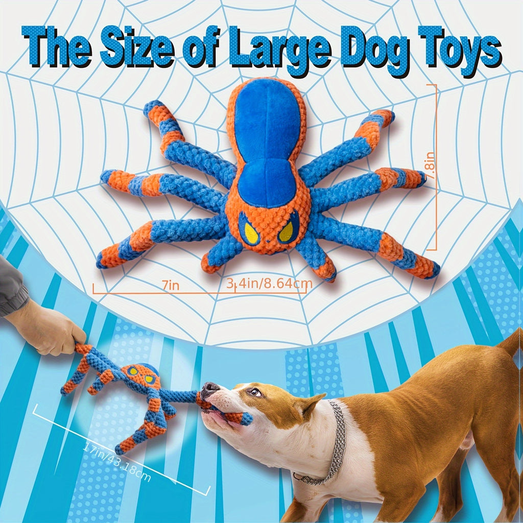 Spider Dog Toy with Squeaker and Crinkle Legs, Interactive Plush Tug of War Toy for Large Dogs, Red or Blue Halloween Pet Gift