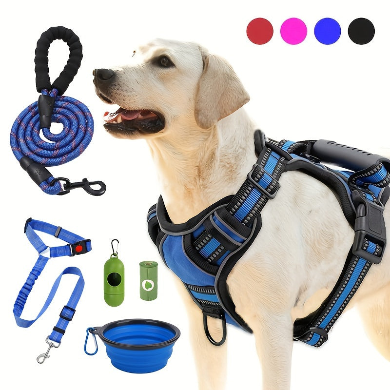 6-Piece Dog Harness and Leash Set, Reflective Oxford Vest with Front and Back Clips, Control Handle, Bowl and Walking Accessories, XS–XL