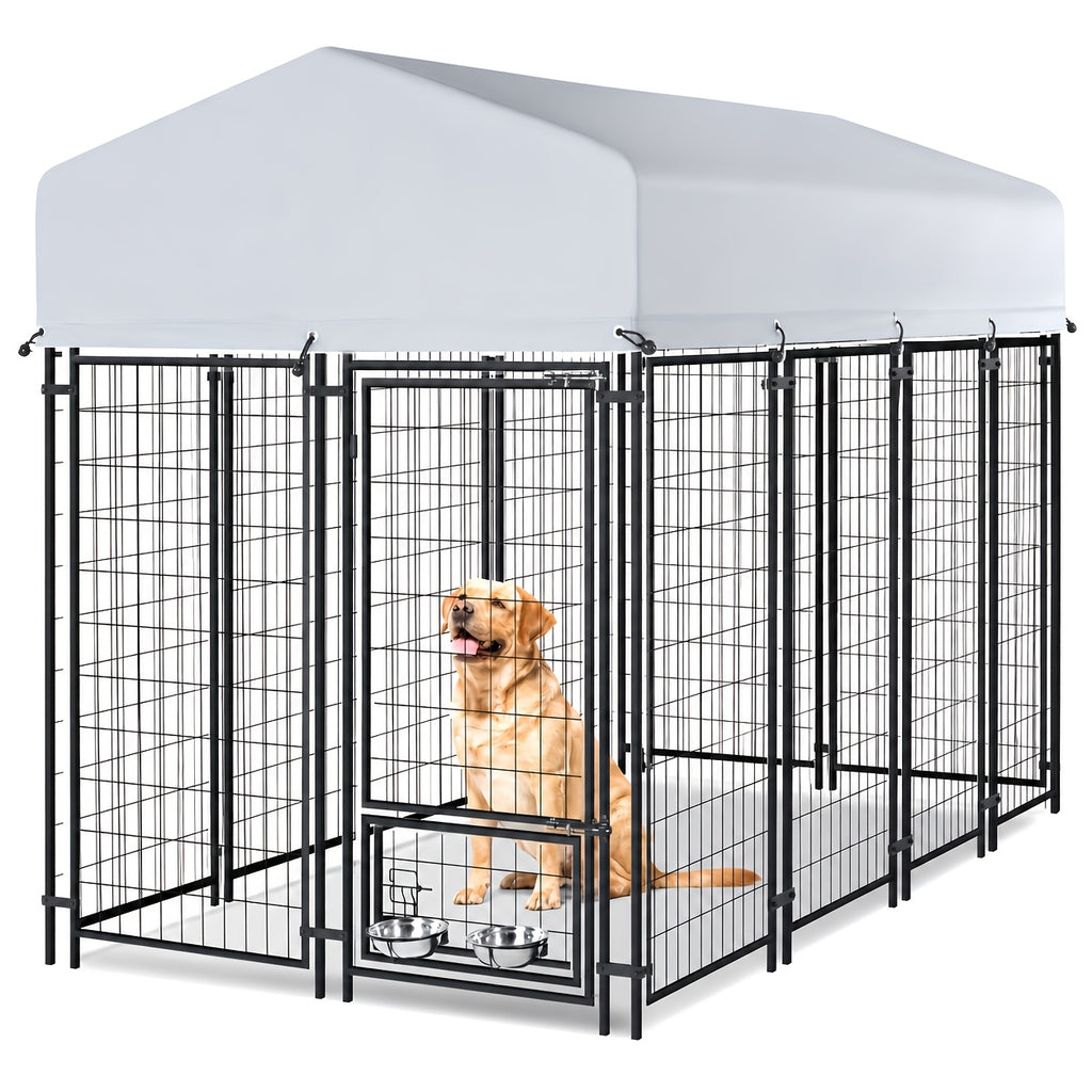 Covered Outdoor Dog Kennel with 2 Rotating Bowls, Welded Steel Wire Dog Pen with Lockable Gate, 69-Inch Height and Two Length Options