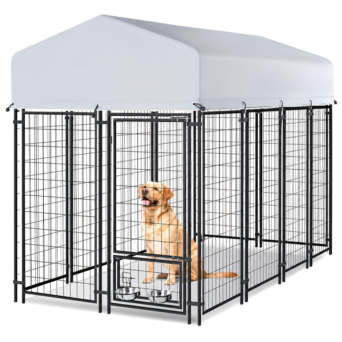 Covered Outdoor Dog Kennel with 2 Rotating Bowls, Welded Steel Wire Dog Pen with Lockable Gate, 69-Inch Height and Two Length Options