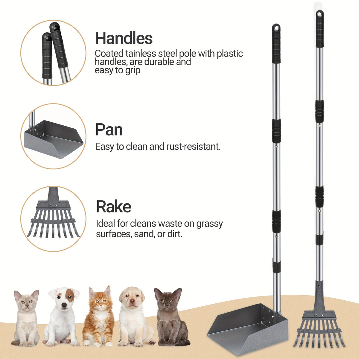 Dog Pooper Scooper Tray and Rake Set, Stainless Steel Pet Waste Removal Tools with Adjustable Handles for Everyday Yard Cleanup