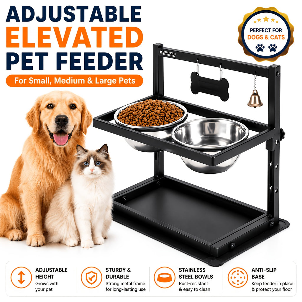Stainless Steel Double Pet Bowls with Adjustable Elevated Stand, Non-Slip Food and Water Feeding Station for Dogs and Cats at Home