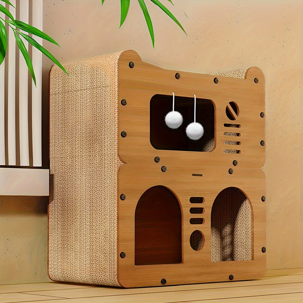 Three-Level Cat House with Dual Scratching Boards, Plush Balls and Ventilation Doors, Multi-Feature Cat Condo for Resting, Scratching and Play