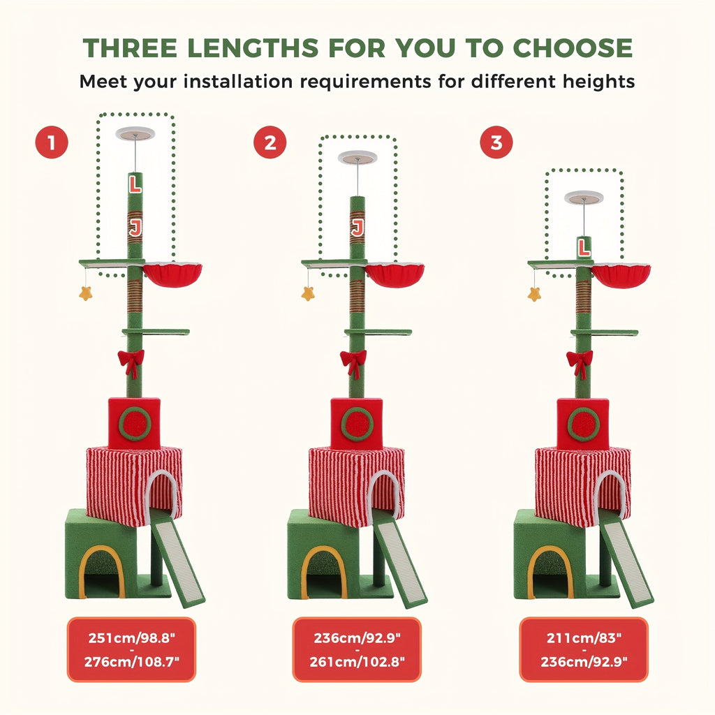 Floor to Ceiling Cat Tree, 90–107 Inch Adjustable 4-Tier Indoor Cat Tower with Tension Rod and Soft Carpet-Style Platforms for Climbing and Rest