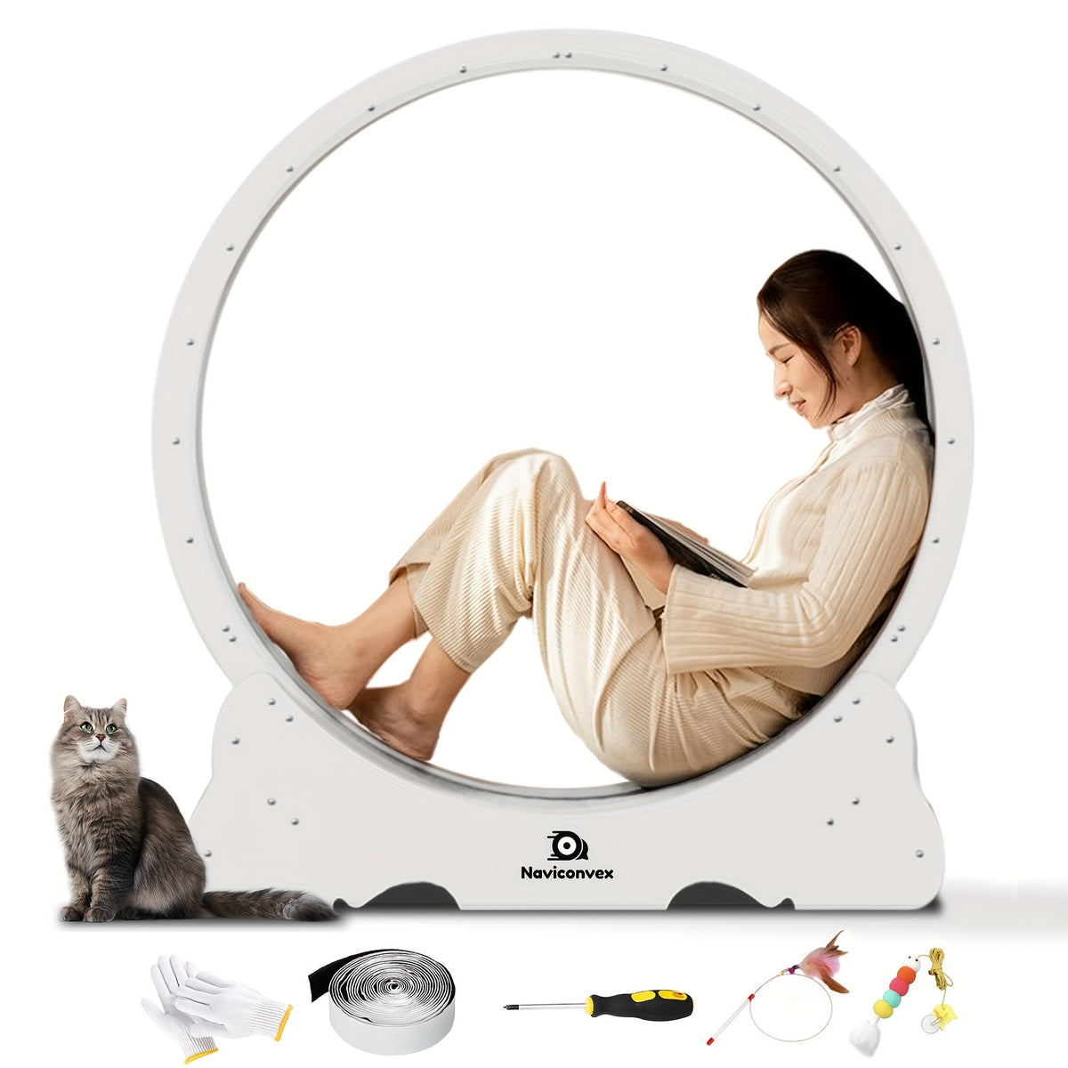 45 Inch Cat Exercise Wheel with Carpeted Runway, Large Wooden Indoor Cat Treadmill for Supervised Activity in Wood, Black or White