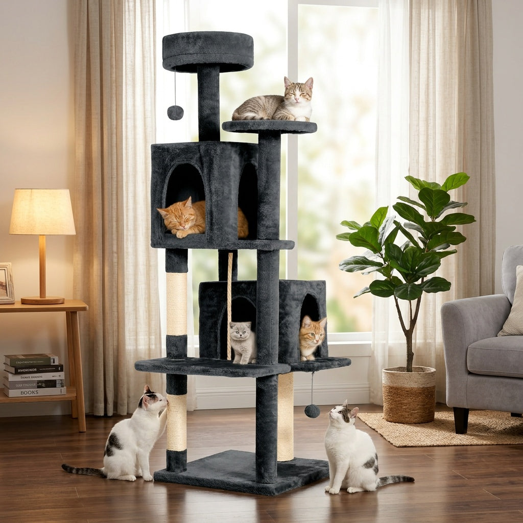 Cat Tower for Indoor Cats 59 Inch, Multi-Level Cat Tree with 2 Condos, Round Top Perch, Sisal Scratching Posts and Hanging Ball Toy, Plush Cat Furniture in 5 Colors