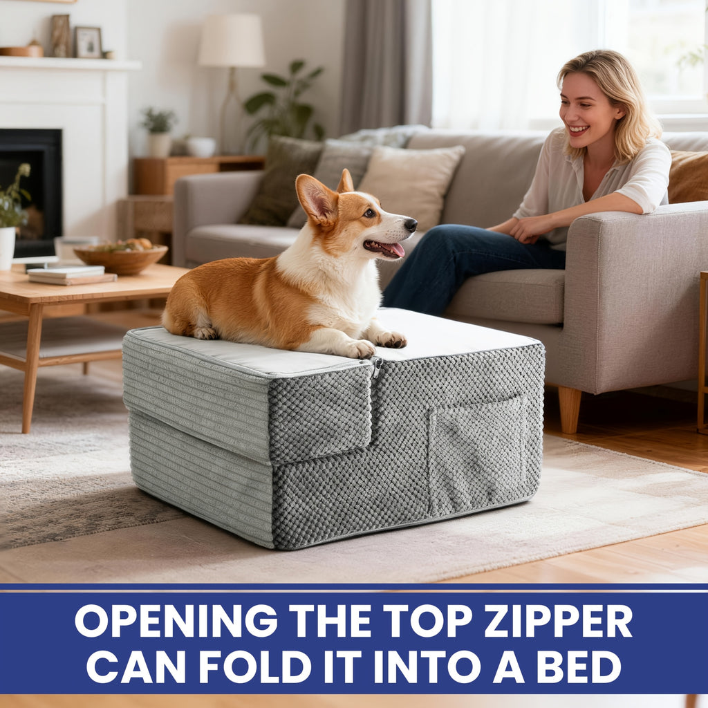Convertible Dog Stairs with Side Pocket, Dark Gray 3-Step Non-Slip Pet Steps and Ramp for Small Dogs to Reach Suitable Beds, Couches and Chairs