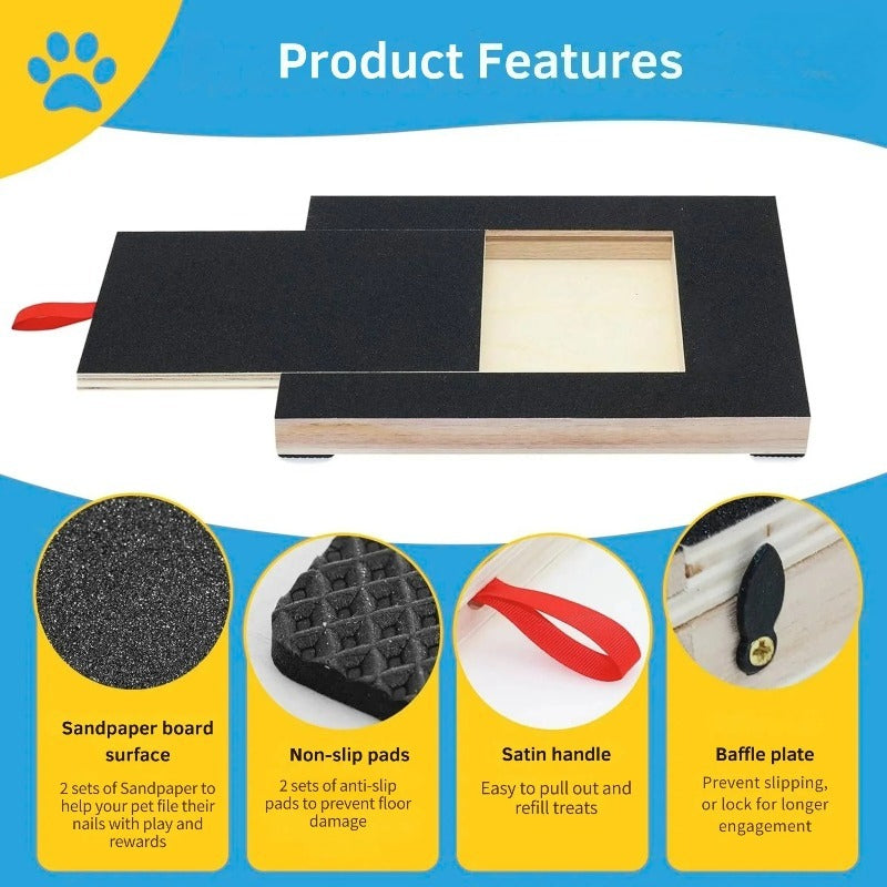 Wooden Dog Nail Scratch Board with Treat Drawer, Sandpaper Paw Filing Surface for Reward-Based Training and At-Home Grooming, 2-Piece Set