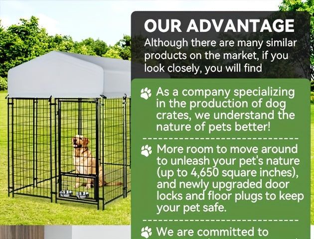 Dog Kennel with Silver Canopy and 2 Rotating Bowls, Welded Steel Outdoor Dog Pen with Lockable Gate, 51-Inch Width and Three Length Options