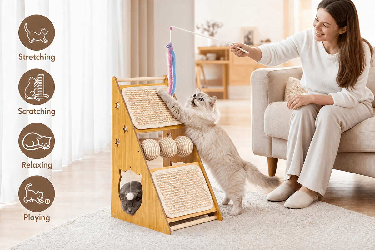 Vertical Cat Scratcher with Nest and 3 Sisal Balls, Wall-Mounting Cat Scratching Board for Indoor Cats, Style B Furniture for Rest and Play