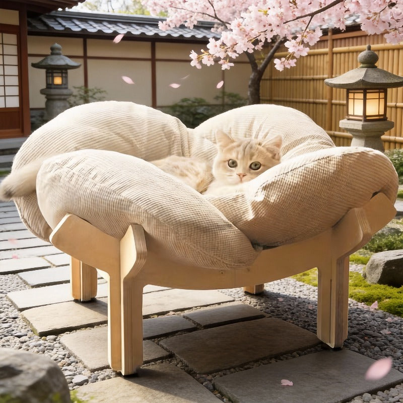 Raised Wooden Cat Bed with Sky Blue Cushion, Solid Wood High-Leg Pet Sofa for Cats and Small Dogs, Includes Assembly Hardware and Tools