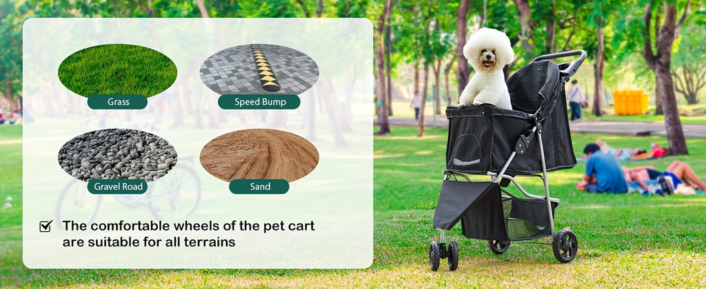 Pet Stroller with Swivel Front Wheel, Three-Wheel Foldable Dog and Cat Pushchair with Mesh Canopy, Storage Basket, Cup Holder and Weather Cover