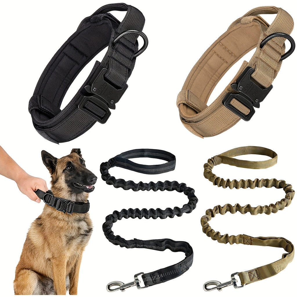 Dog Collar and Leash Set, Adjustable Tactical Polyester Collar with Metal Buckle and D-Ring for Daily Walks and Training, Black or Khaki, M L XL