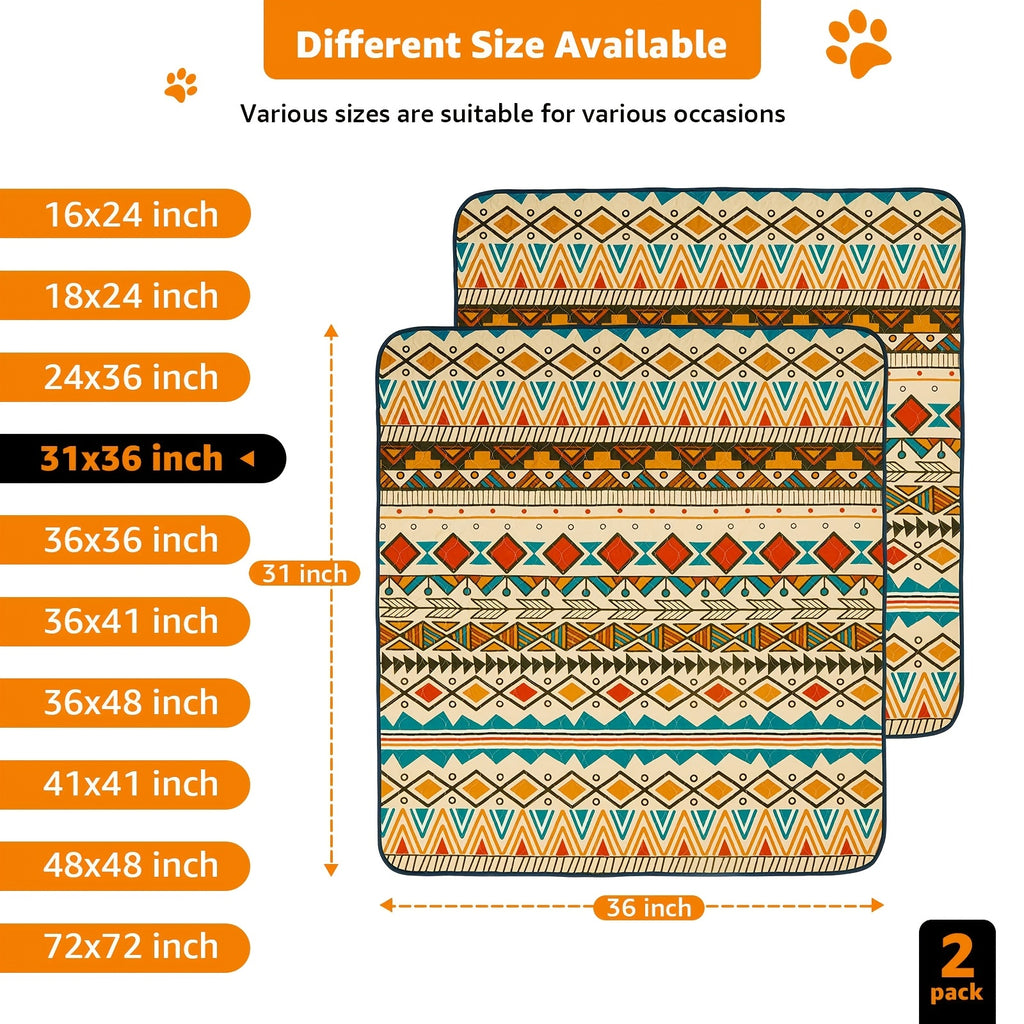 Dog Pee Pads with Retro Tribal Print, 2 Pack Washable Leakproof Puppy Training Mats with Non-Slip Backing for Crates, Playpens and Floors