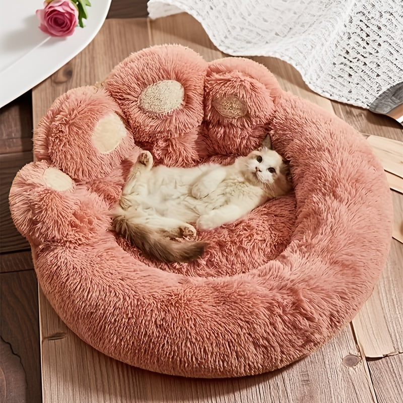 Dog Bed with Bear Paw Bolsters, Thick Plush Cat Sleeping Cushion with Non-Slip Bottom, Pink Grey or Coffee in 60cm, 70cm and 100cm Sizes