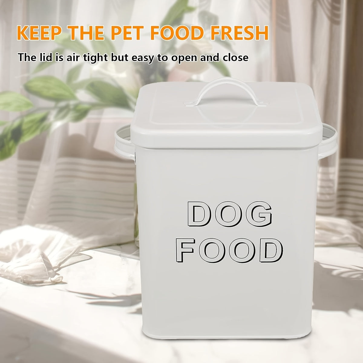 Dog Food Storage Canister with Scoop and Lid, Square Metal Farmhouse Container for Dry Pet Food, Treats and Kitchen Countertop Organization