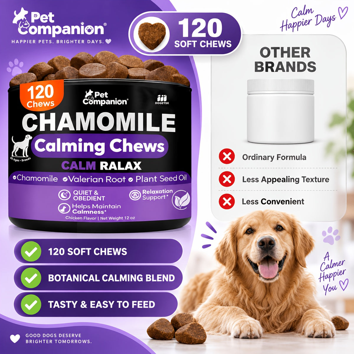 L-Theanine Dog Calming Chews, 120 Chicken-Flavored Soft Chewable Tablets for Daily Relaxation and Emotional Balance Support, 1 Bottle