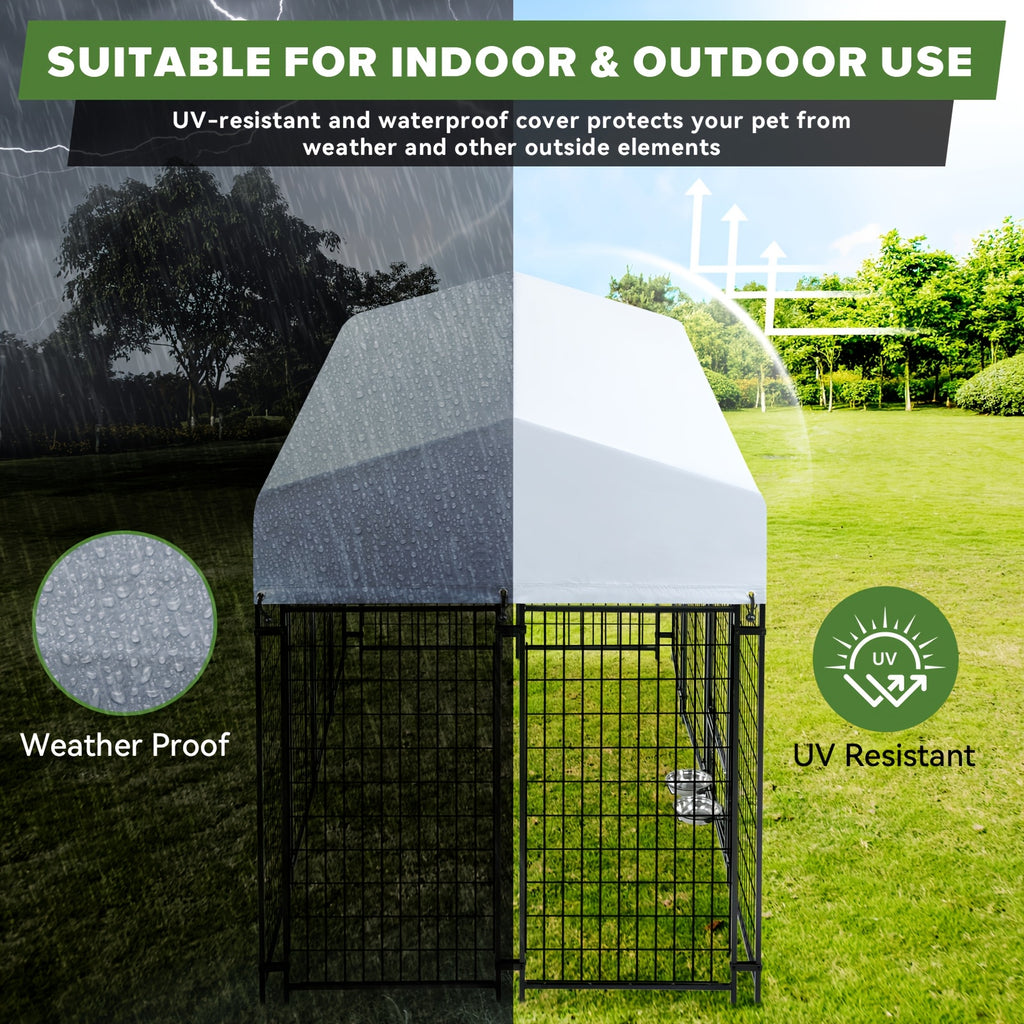 Outdoor Dog Kennel with Rotating Bowls, Heavy-Duty Welded Steel Dog Run with Secure Lock and UV-Resistant Roof, Three Sizes for Backyard Use