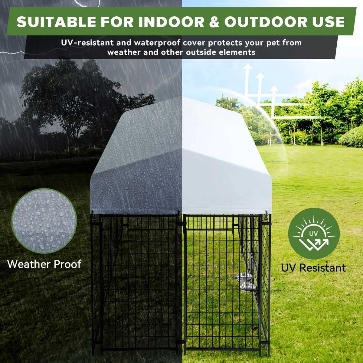 Outdoor Dog Kennel with Rotating Bowls, Heavy-Duty Welded Steel Dog Run with Secure Lock and UV-Resistant Roof, Three Sizes for Backyard Use