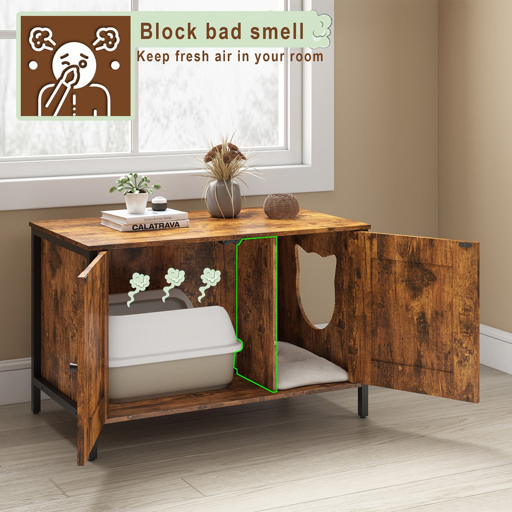 Cat Litter Box Enclosure with Removable Divider, Retro Brown Hidden Litter Furniture and Cat Hideout End Table for Pet Supply Storage