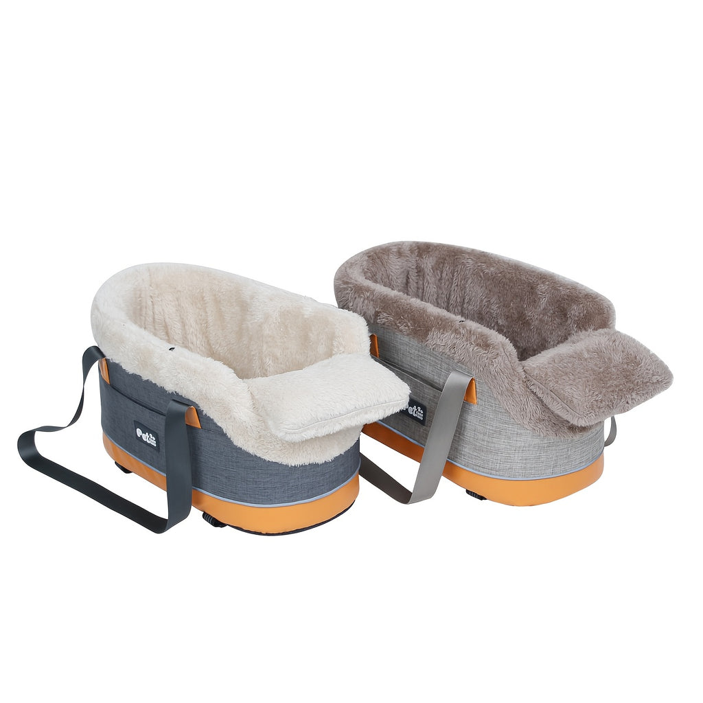 Center Console Dog Car Seat for Small Dogs and Cats up to 10 lbs, Plush-Lined Armrest Pet Travel Bag with Carry Straps, Khaki or Dark Gray