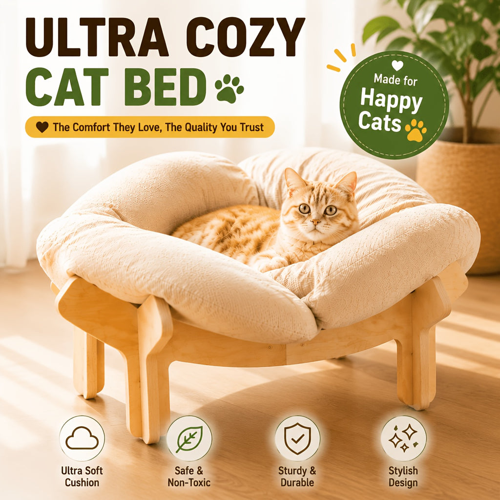 Elevated Cat Bed with Heart-Shaped Wooden Frame and Soft Cushion, Raised Indoor Pet Sofa for Cats and Small Dogs in Pink, Apricot or Light Blue
