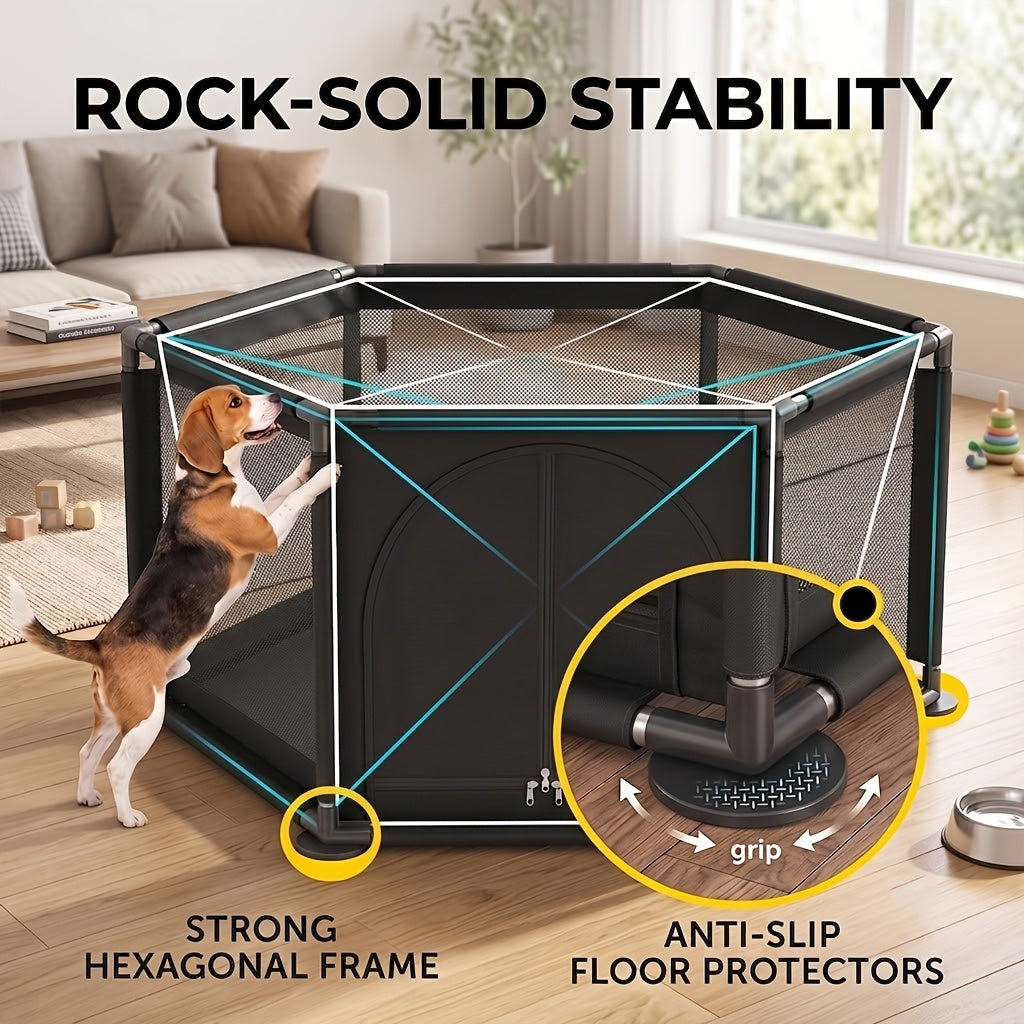 Fabric Dog Playpen with Door, Easy-Assembly Pet Enclosure in Gray or Black for Supervised Puppy Play, Daily Rest and Home Training Routines