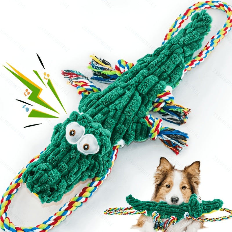 Squeaky Crocodile Rope Dog Toy in Green, Cotton Rope and Canvas Tug Toy with Two Knotted Ropes for Supervised Interactive Indoor and Outdoor Play