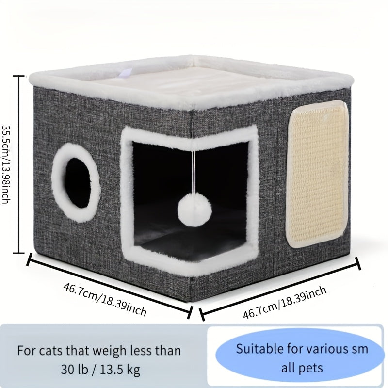 Cat House Cube with Scratching Panel, Foldable Gray Indoor Cat Bed with Top Lounge, Cozy Hideaway, Soft Cushion and Hanging Toy Ball