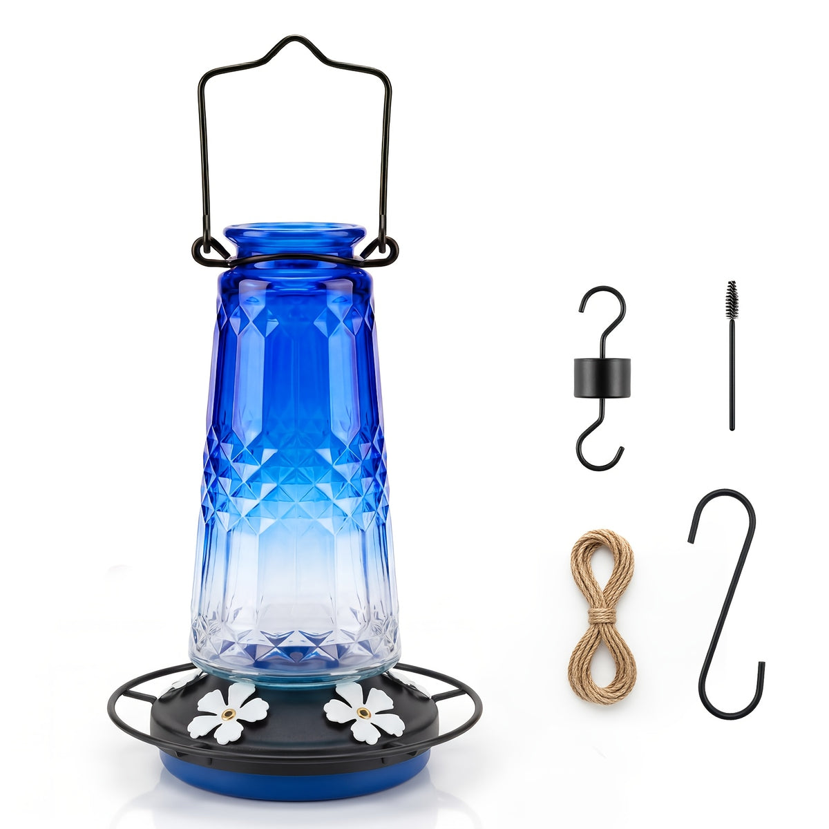 Glass Hummingbird Feeder 24oz by Kingsyard, Outdoor Hanging Nectar Feeder with 6 Feeding Ports and Ant Moat, Four Colors in Single or Two-Pack Options