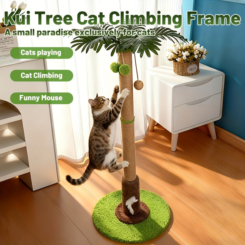 Palm Tree Cat Scratching Post, 36.3-Inch Sisal Scratcher with Two Hanging Balls and Plush Base for Indoor Cat Play and Apartment Living