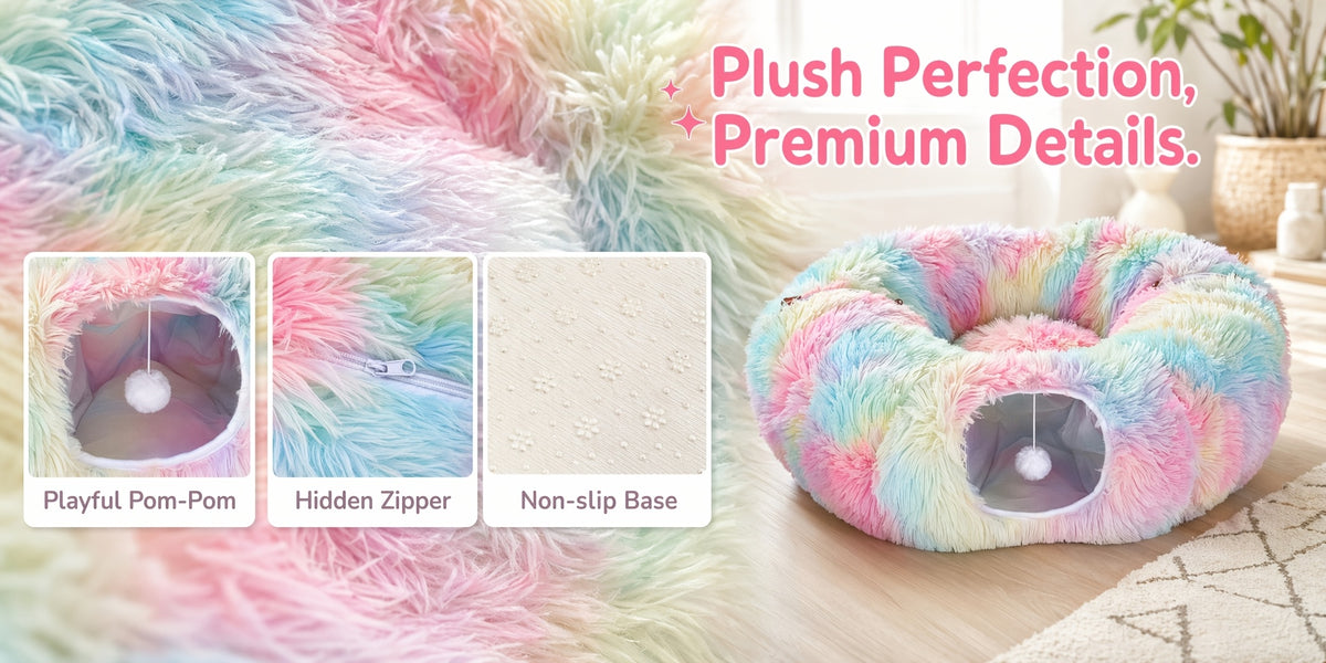 Plush Cat Tunnel Bed for Indoor Cats, 2-in-1 Foldable Donut Hideaway with Removable Washable Mat and Hanging Toy Ball, Four Color Options