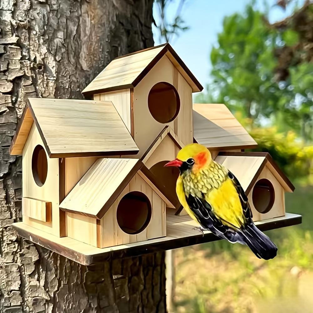 Wooden Birdhouse with Multi-Cottage Design, Rustic Pitched Roof Bird House in Dark Brown for Outdoor Garden Decor and Backyard Bird Lover Gifts