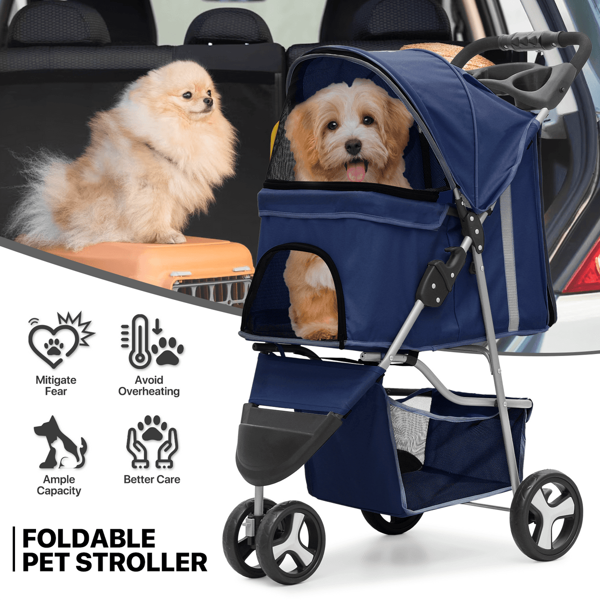 Foldable Dog Stroller for Small Dogs and Cats, 3-Wheel Pet Pushchair with Weather Cover, Breathable Mesh, Storage Basket and Cup Holder