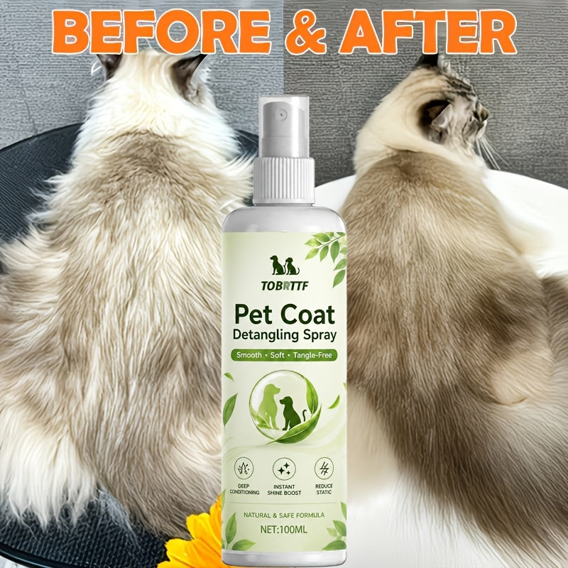 Pet Leave-In Detangler Spray 100ml with Aloe, Vitamin E and Vegetable Oil, Coat Smoothing Grooming Spray for Knots and Soft, Shiny Fur