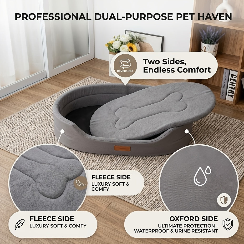 Washable Bolster Dog Bed with Bone Stitching, Soft Raised-Side Pet Nest for Dogs and Cats in Grey or Green with Five Size Options for Indoor Rest