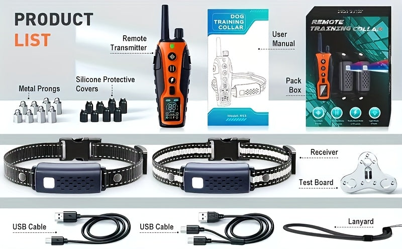 Dog Training Collar with Night Light, 3280ft Listed Remote Range, USB Rechargeable with Keypad Lock, Beep, Vibration and Static Modes for 1 or 2 Dogs