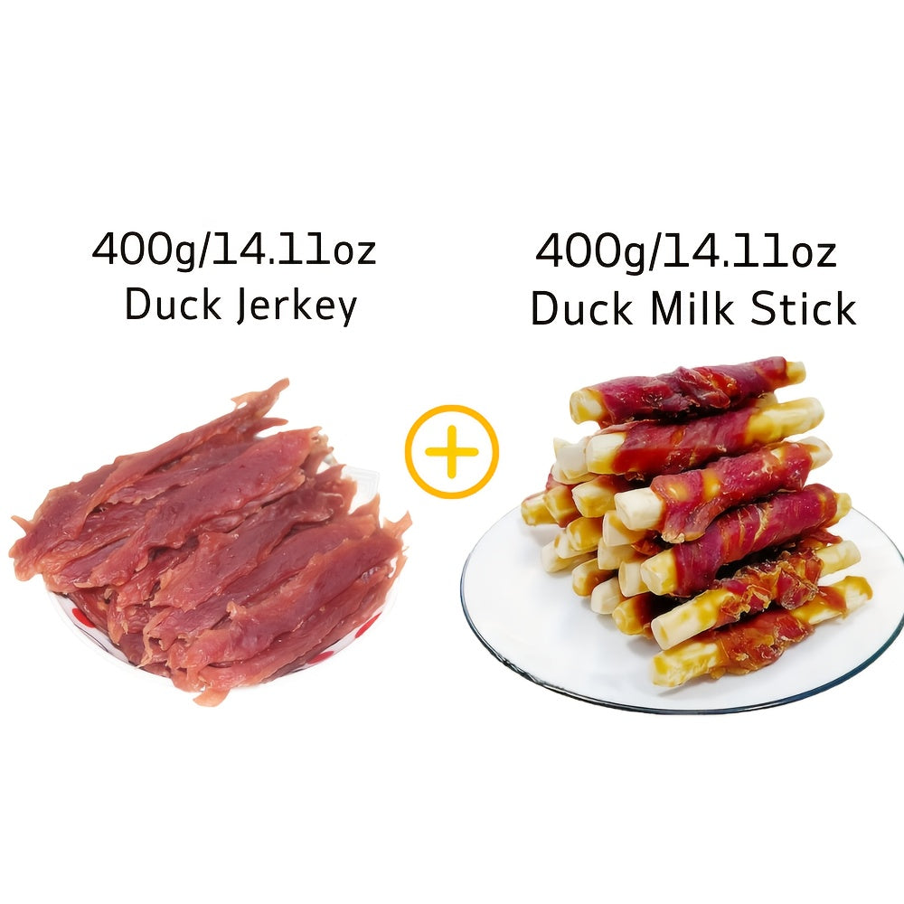Dog Chew Treats Duo Packs, Chicken and Duck Jerky with Beef Chew Stick Options for Supervised Training Rewards, Everyday Snacks and Dog Gift Baskets