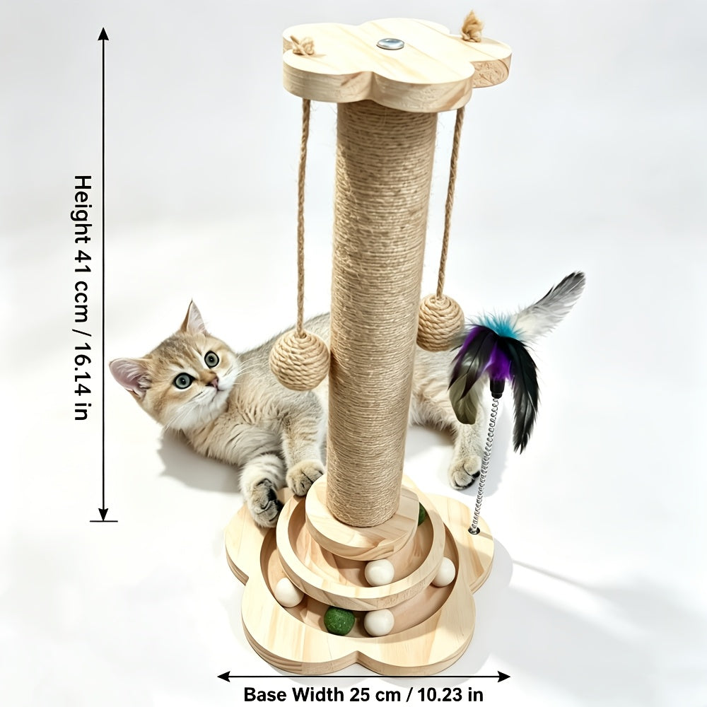 Cat Scratching Post with Six Wooden Balls, Brown Multi-Level Sisal Scratcher with Two Hanging Balls and Two Feather Toys for Indoor Play