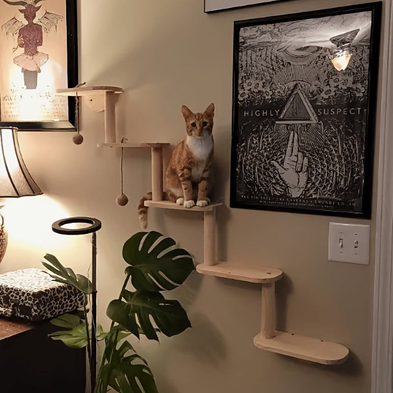 Cat Wall Climbing Frame with 3 or 5 Levels, Solid Wood Wall-Mounted Cat Furniture for Indoor Scratching and Play, Optional Hammock Combination