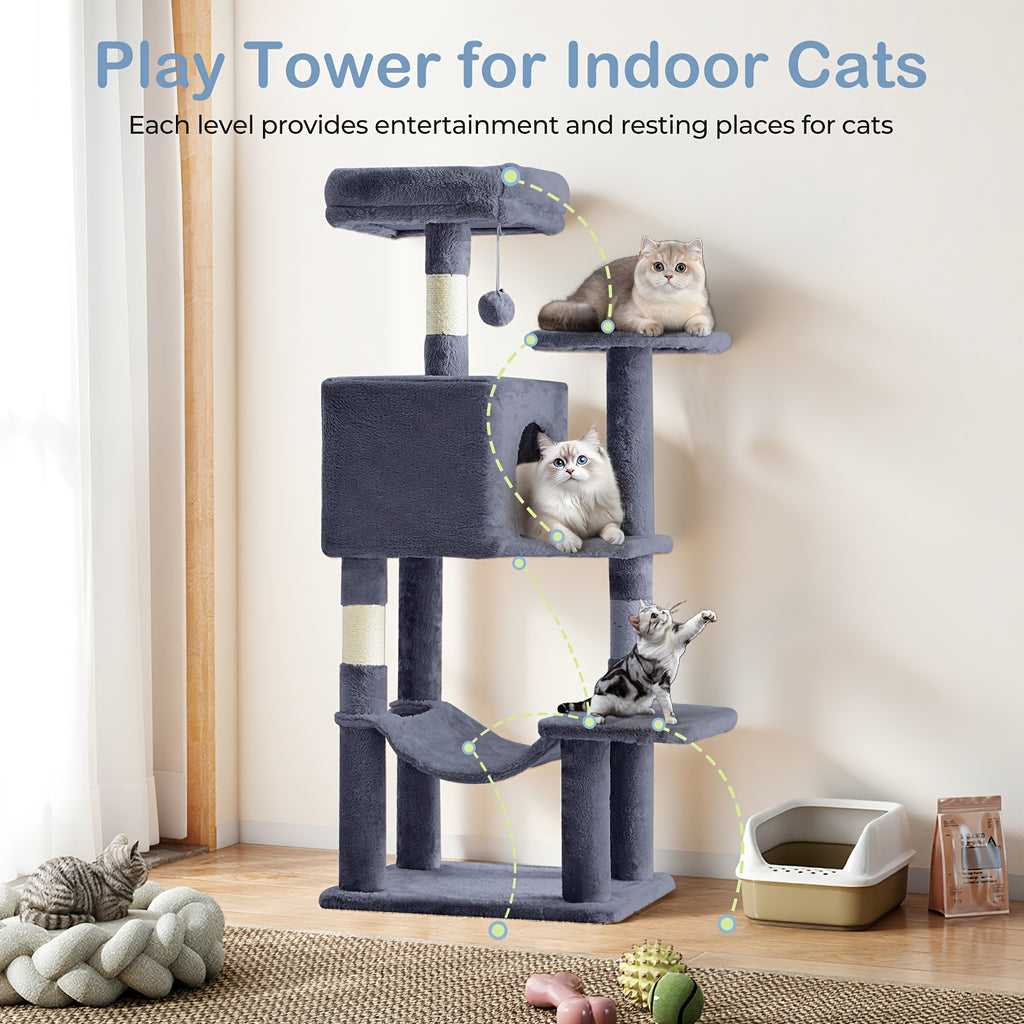 Cat Tree Tower with Condo and Hammock, Sisal Scratching Posts and Perches for Indoor Cats, 44-Inch Colors Plus 44/54-Inch Holiday Options
