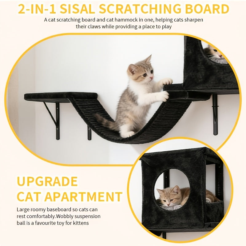Cat Wall Furniture Set 6-Piece with Shelves, Condo, Scratching Board, Bridge and Tunnel, Wall-Mounted Indoor Cat Climbing and Resting Perches