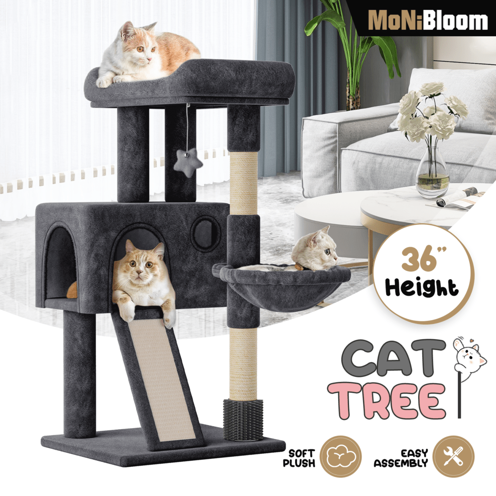 Compact Cat Tree 36 Inch with Hammock and Condo, Plush Indoor Cat Tower with Sisal Scratching Post, Scratching Board and Hanging Ball, Two Gray Colors
