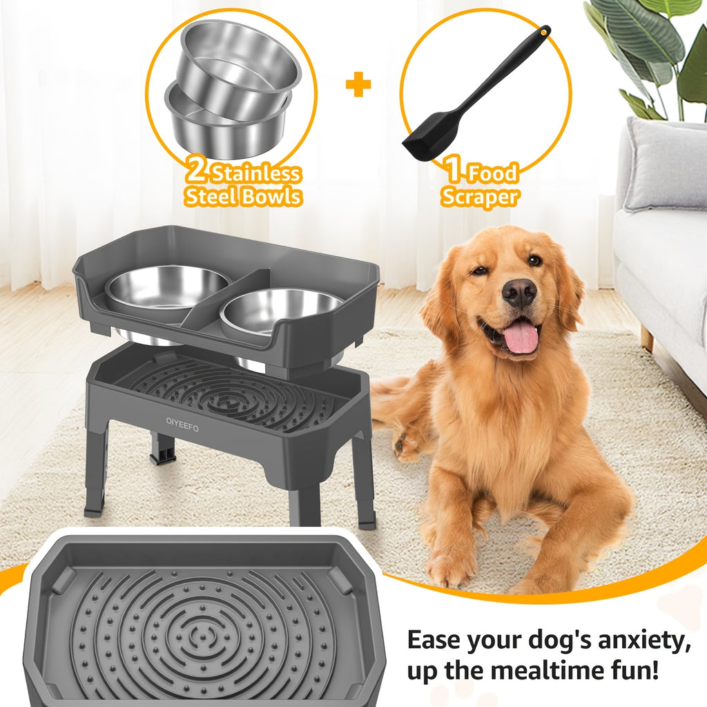 Splash Guard Elevated Dog Bowls with Four Adjustable Heights, Two 53oz Stainless Steel Bowls and Non-Slip Feet for Everyday Food and Water