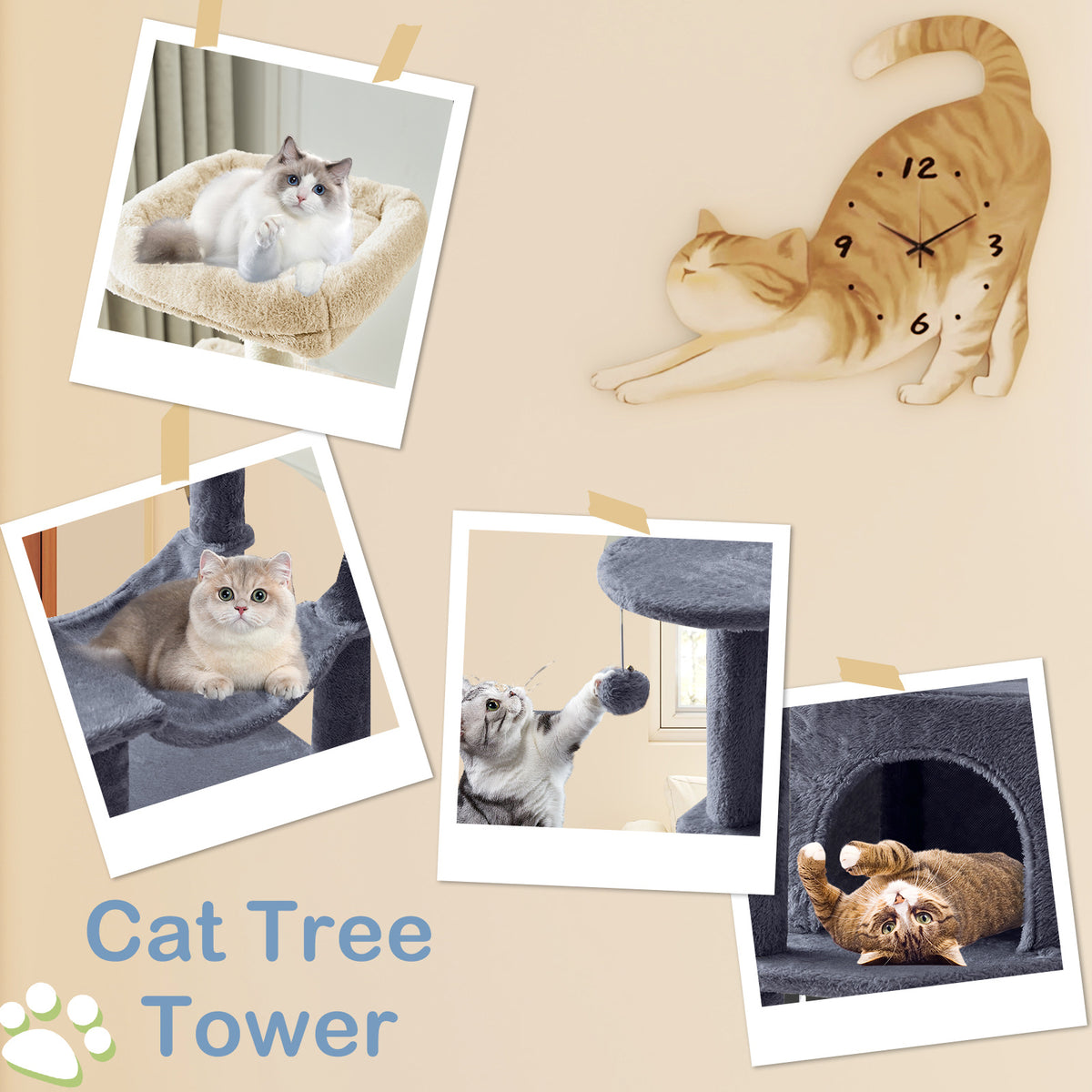 Cat Tree with Cloud-Shaped Perch, 44 Inch Indoor Cat Tower with Hammock, Cozy Condo, Sisal Scratching Posts and Multi-Level Climbing Platforms