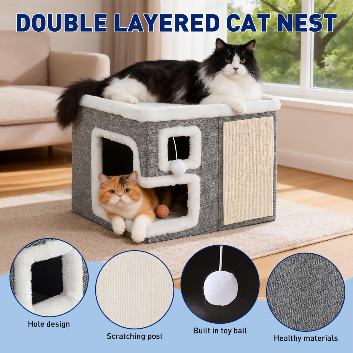 Cat House with Scratching Box, Large Light Gray 3-in-1 Indoor Cat Condo Cube with Wooden Structure and Ottoman-Style Hideaway for Sleep and Play