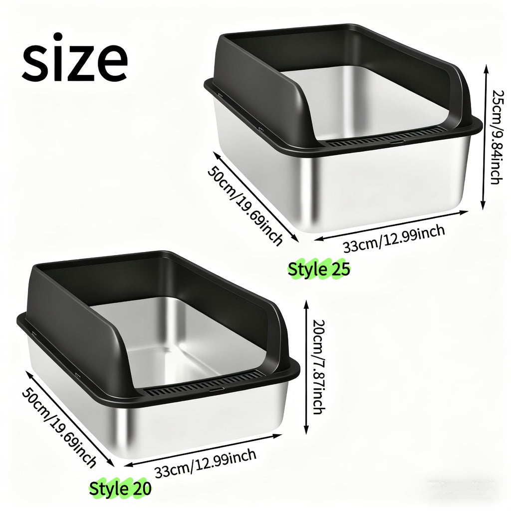 High-Sided Stainless Steel Cat Litter Box with Snap-Lock Design, Easy-Clean Metal Litter Tray for Indoor Cats, Black and Gray Options