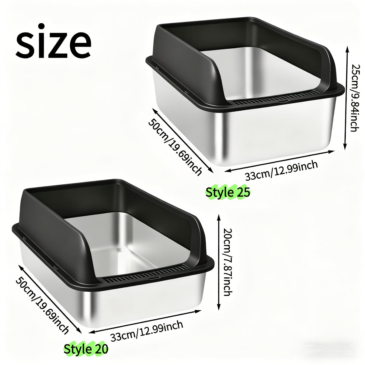 High-Sided Stainless Steel Cat Litter Box with Snap-Lock Design, Easy-Clean Metal Litter Tray for Indoor Cats, Black and Gray Options