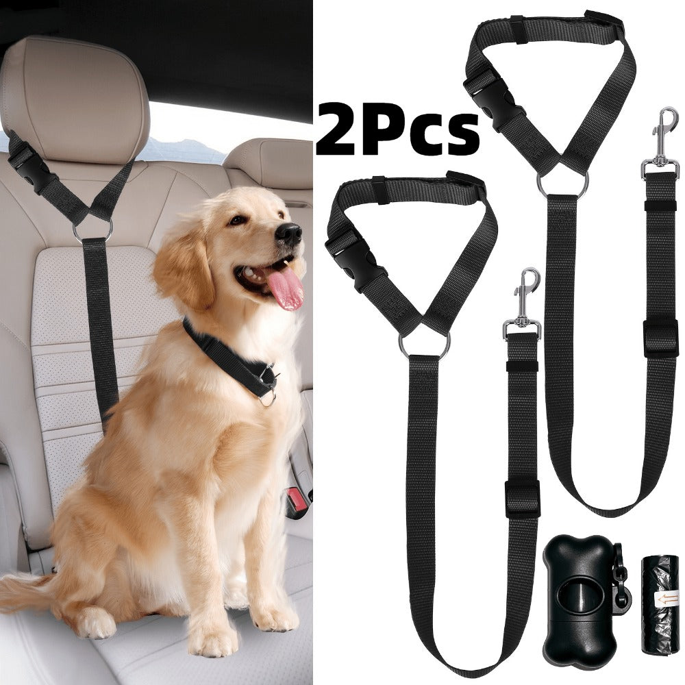Dog Car Seat Belts 2 Pack with 15 Waste Bags and Storage Box, Adjustable Nylon Bungee Pet Travel Tethers for Small and Medium Dogs and Cats